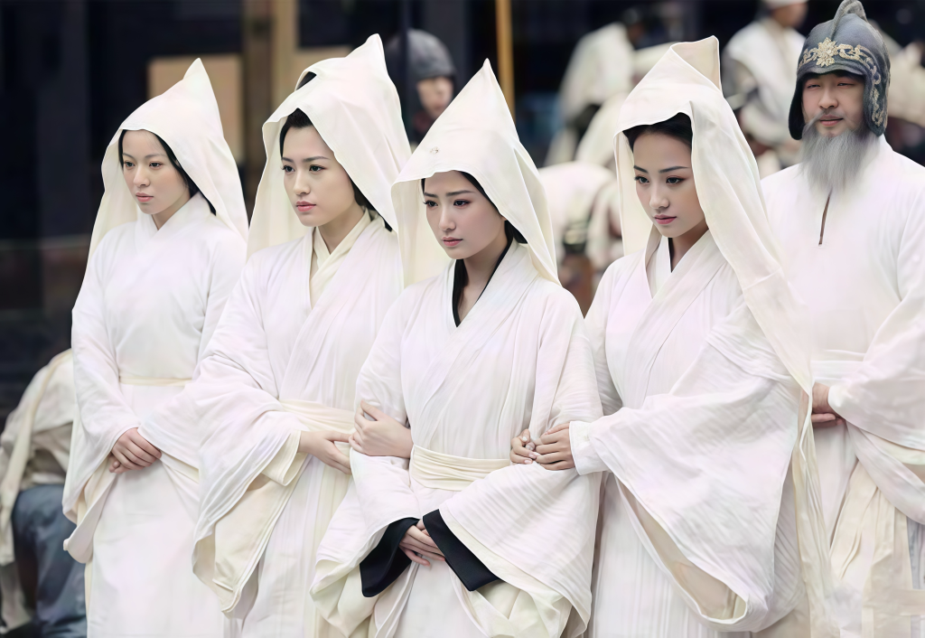 This image depicts four women dressed in traditional white ceremonial robes, each with a hood or veil covering part of their heads. The attire and somber expressions suggest that they are participating in a solemn ritual, possibly related to mourning or a sacred ceremony. The clothing style and setting appear to be historical, with an elder man in the background wearing a hat and robes that could belong to an ancient or traditional cultural event. The overall mood is formal and respectful, emphasizing tradition and ritual.