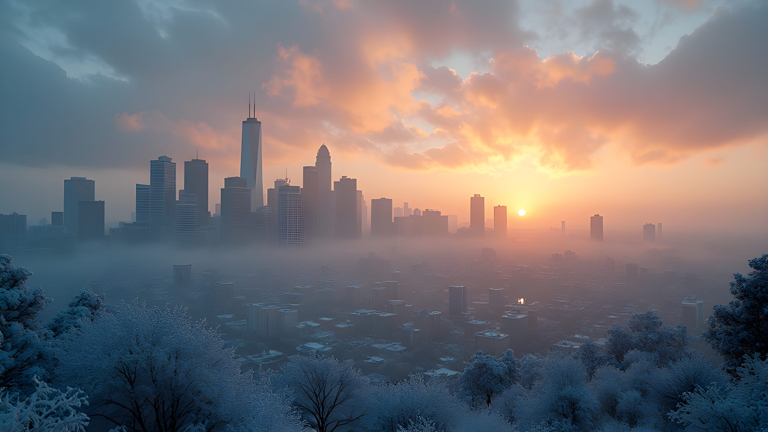 A serene winter scene of a city skyline at sunrise, with snow-covered trees in the foreground and tall skyscrapers rising above a misty urban landscape. The warm hues of the sunrise contrast with the cool tones of the snow and mist, creating a tranquil yet vibrant atmosphere.