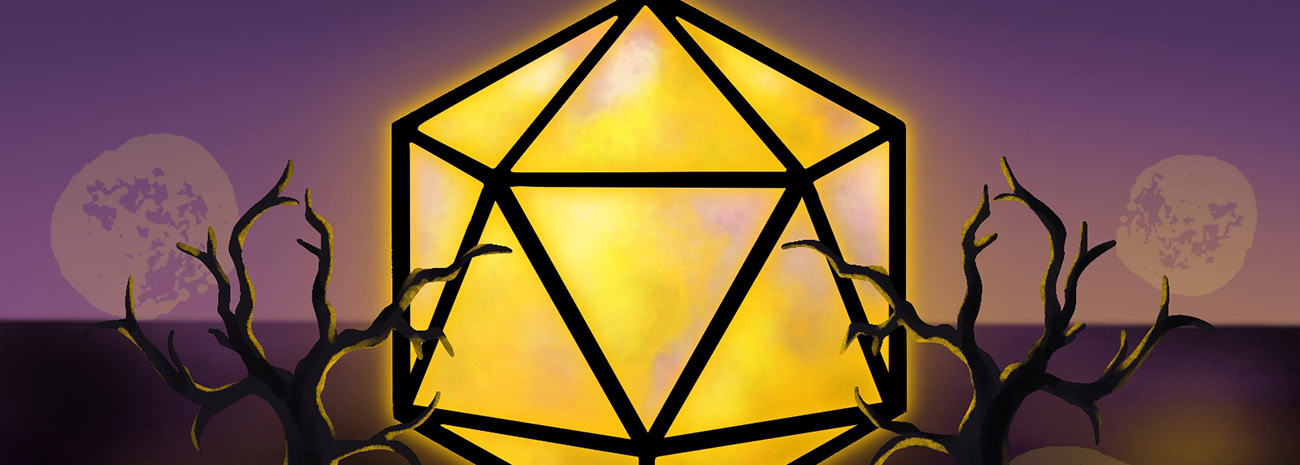 A glowing golden 20-sided die (d20) floats at the center of a dark, mystical landscape. The die emits a warm, radiant light, contrasting with the eerie purple sky. Two barren, twisted trees reach toward it from either side, adding to the scene’s ominous yet magical atmosphere. In the background, two faded full moons loom, enhancing the fantasy aesthetic.